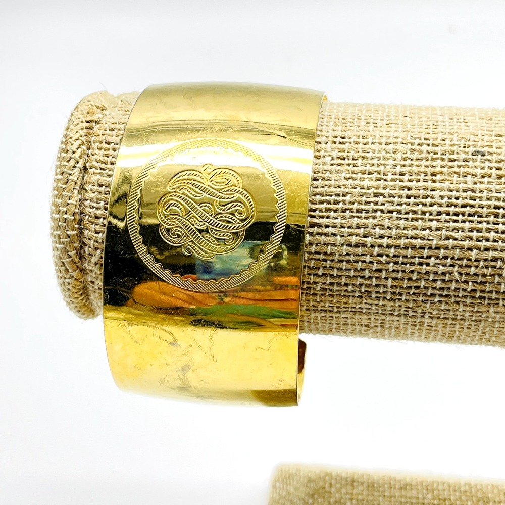 Vintage Gold Tone Wide Cuff Bracelet Etched Engraved Monogram Statement Jewelry